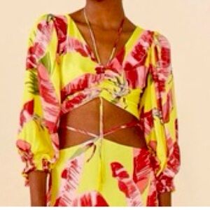 FARM Rio Cropped Tropical Multicolor Tie Blouse Size Small